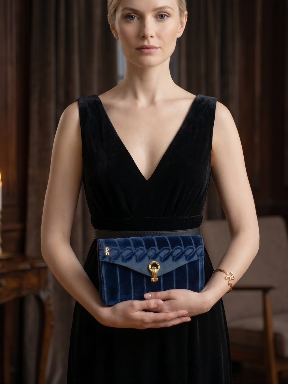 Vintage Roberta di Camerino Navy Velvet Clutch with Gold Hardware